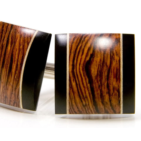 Honduran rosewood ebony holly square wood cufflinks - close up